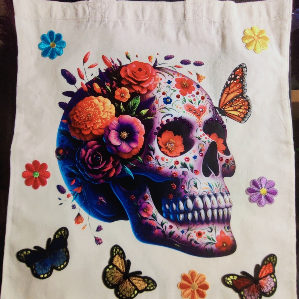 Colorful Skull and Floral Tote Bag - Picture 7 of 15